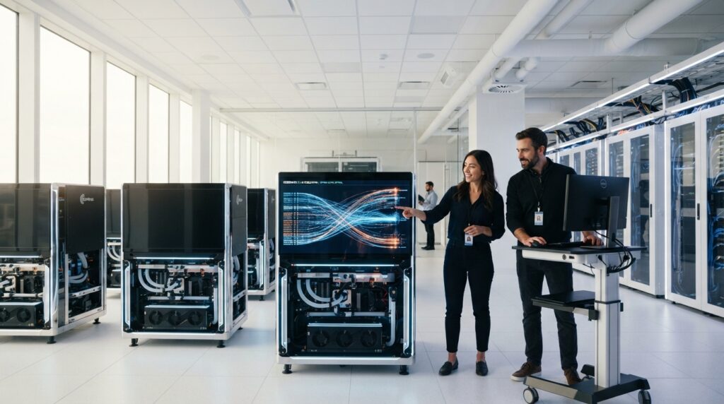 bright, ultra-modern server room with glowing Cerebras CS-4 AI accelerator systems, sleek design, advanced cooling, data streams flowing, focused engineers, 8k, natural light