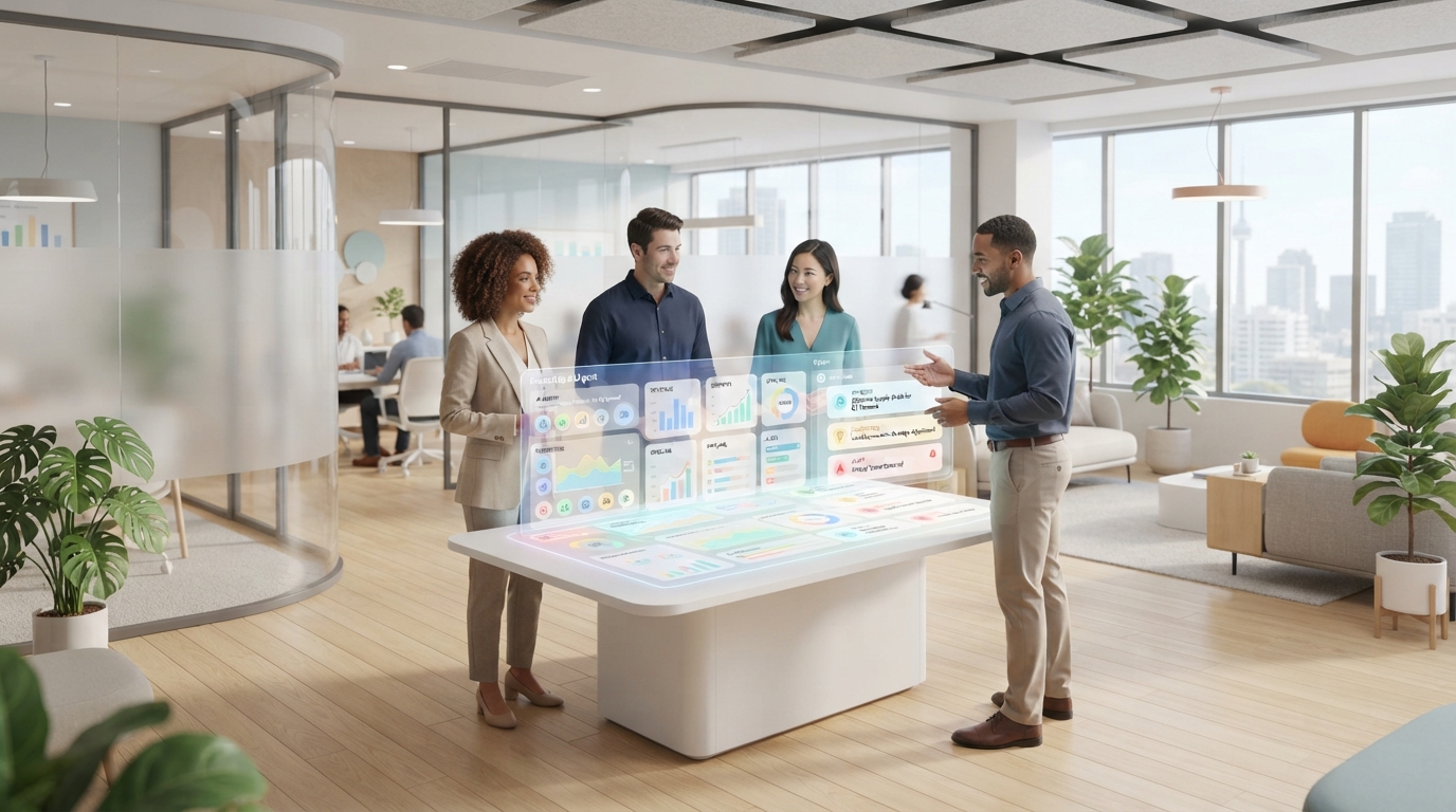 bright minimal modern office with a diverse team collaborating around a holographic display showing real-time business insights and AI agents proactively suggesting next steps, sleek architectural design, natural light, 8k, professional atmosphere