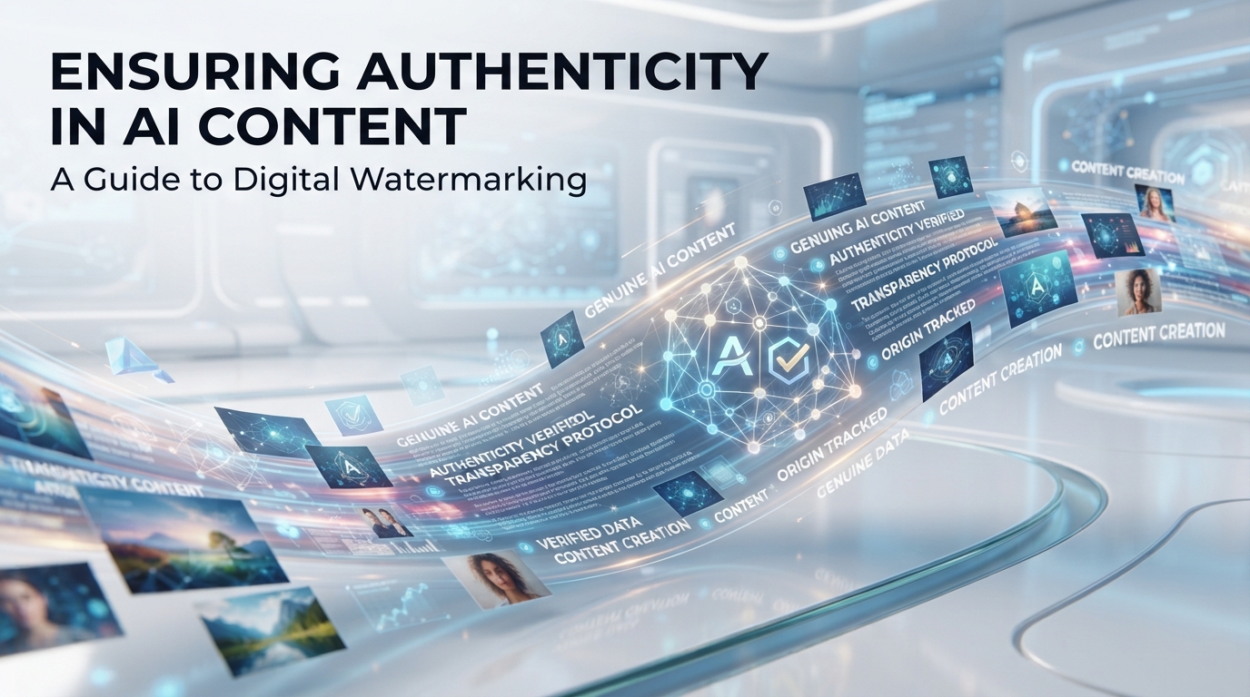 Abstract digital watermark pattern subtly embedded in a flowing stream of text and images, representing authenticity and transparency in AI-generated content, bright and clean design, futuristic, 8k
