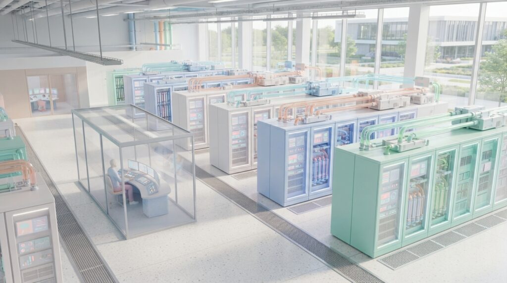 bright minimal modern data center with advanced liquid cooling tubes visible, sleek server racks, clean architectural design, natural light streaming in, high-tech infrastructure, 8k