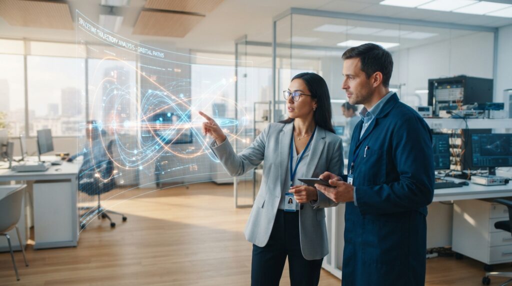 futuristic laboratory with engineers observing a complex 4D spacetime trajectory simulation on a holographic display, sleek modern design, dynamic light, high-tech equipment, scientific discovery, 8k