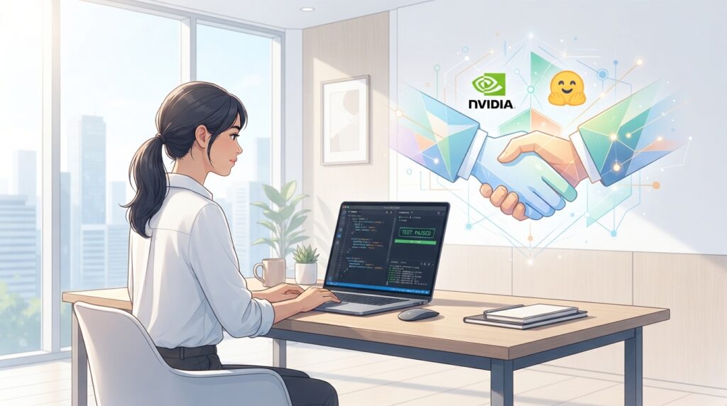 bright minimal modern workspace with developer testing code on ultra-sleek laptop, natural sunlit room, clean architectural design, two hands shaking in a digital, abstract representation of an acquisition, with NVIDIA and Hugging Face logos subtly integrated, 8k