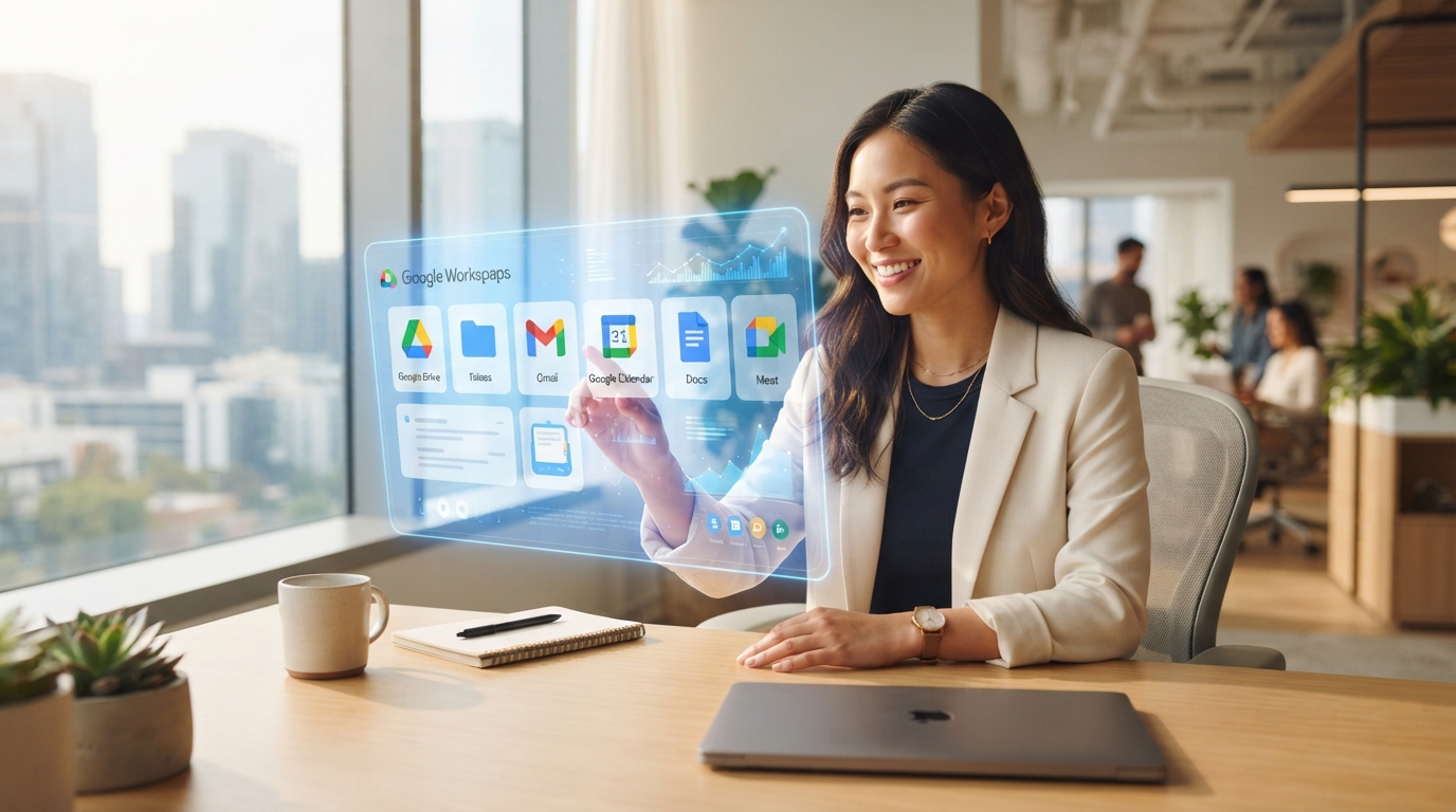 Bright, modern office worker interacting with a holographic interface showing Google Workspace apps, surrounded by clean, minimalist design elements, representing enhanced productivity and seamless AI integration.