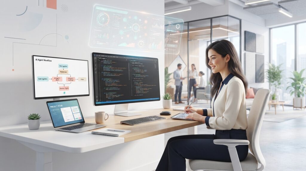 futuristic developer workspace with multiple screens displaying code and AI agent workflows, a sleek holographic interface showing data flow, bright and clean environment, professional setting, 8k, ultra-realistic