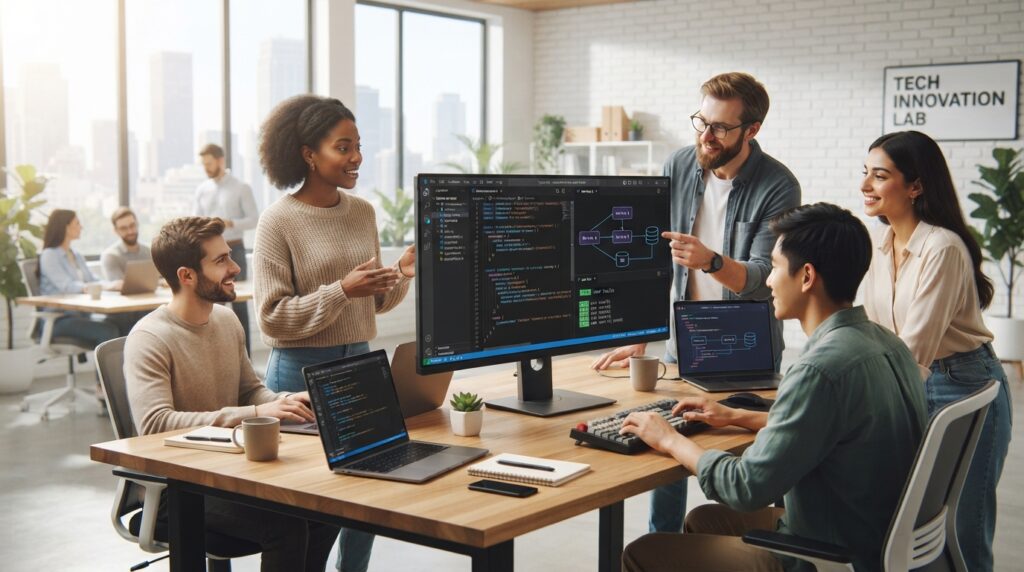 modern software development team collaborating with an advanced AI assistant on a complex codebase, sleek monitors displaying code, architectural diagrams, and test results, bright and minimalist office, diverse group of developers, focus on innovation and efficiency, 8k