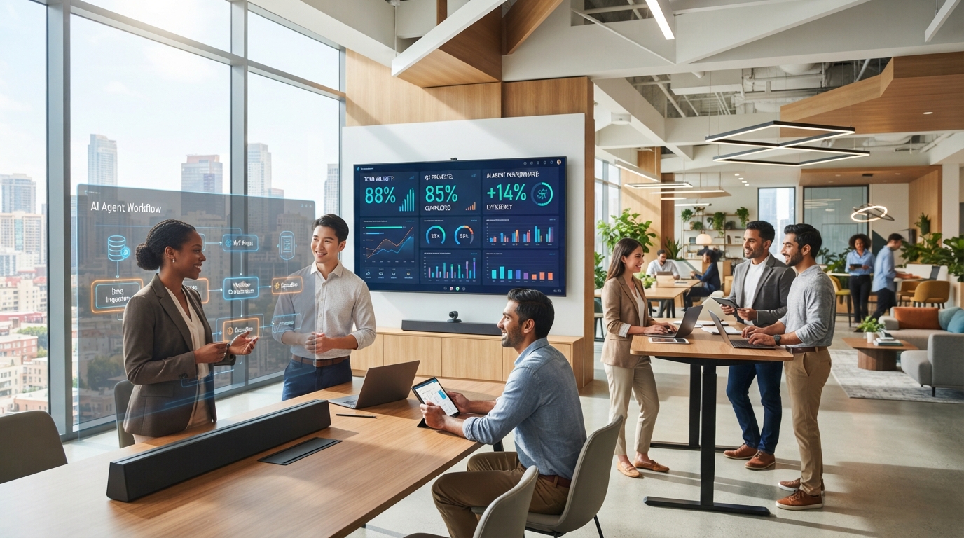 bright, modern office interior with diverse professionals collaborating, some interacting with sleek transparent screens displaying AI agent workflows, a central smart display showing real-time productivity metrics, natural light streaming through large windows, clean architectural lines, 8k, high detail