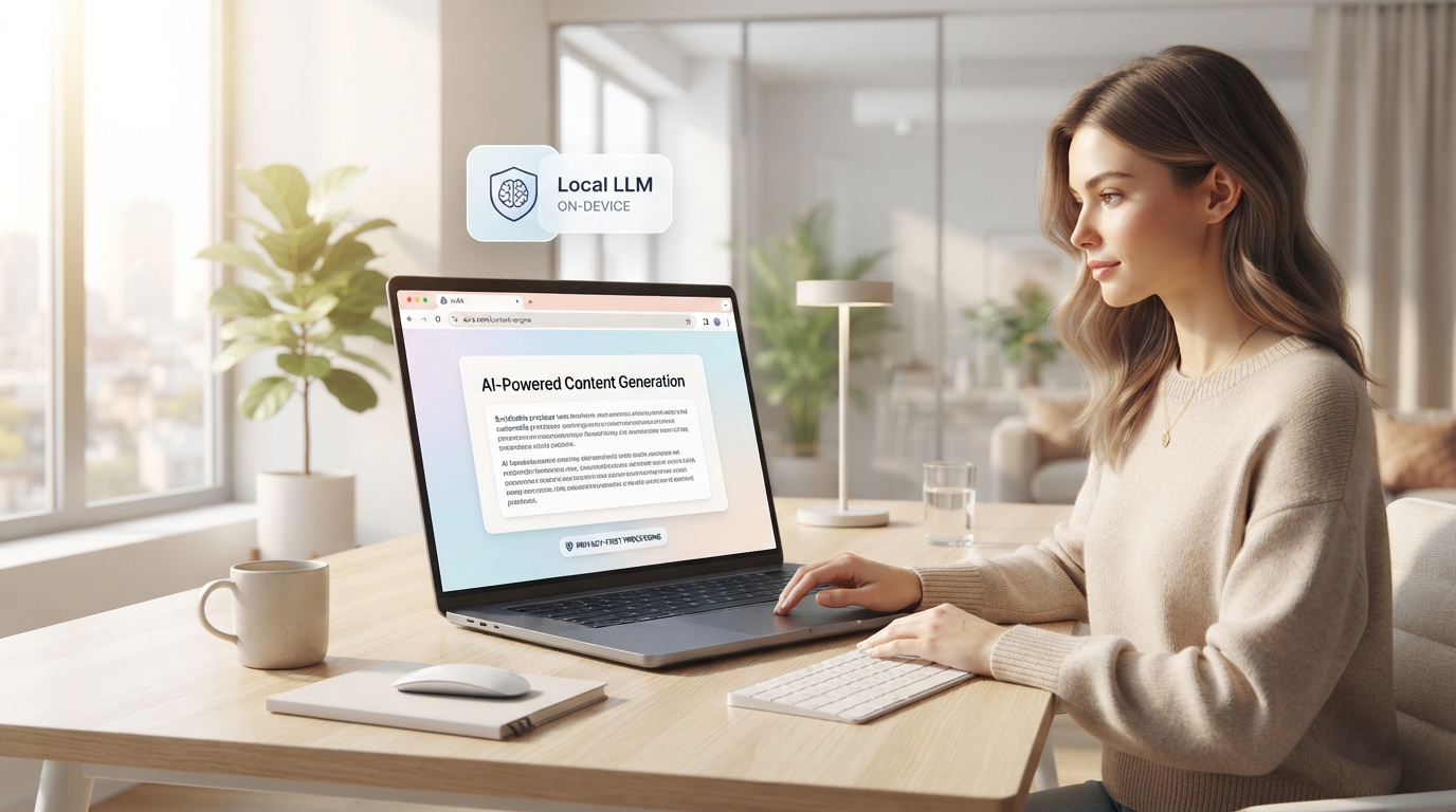 A bright, modern workspace with a user interacting with a sleek, minimalist web browser on a high-performance laptop. The browser interface subtly displays AI-generated content and a local LLM icon. Sunlight streams through a window, illuminating the clean, futuristic environment. Focus on the integration of AI within the browser, emphasizing privacy and on-device processing. 8k, ultra-realistic, technology, innovation.