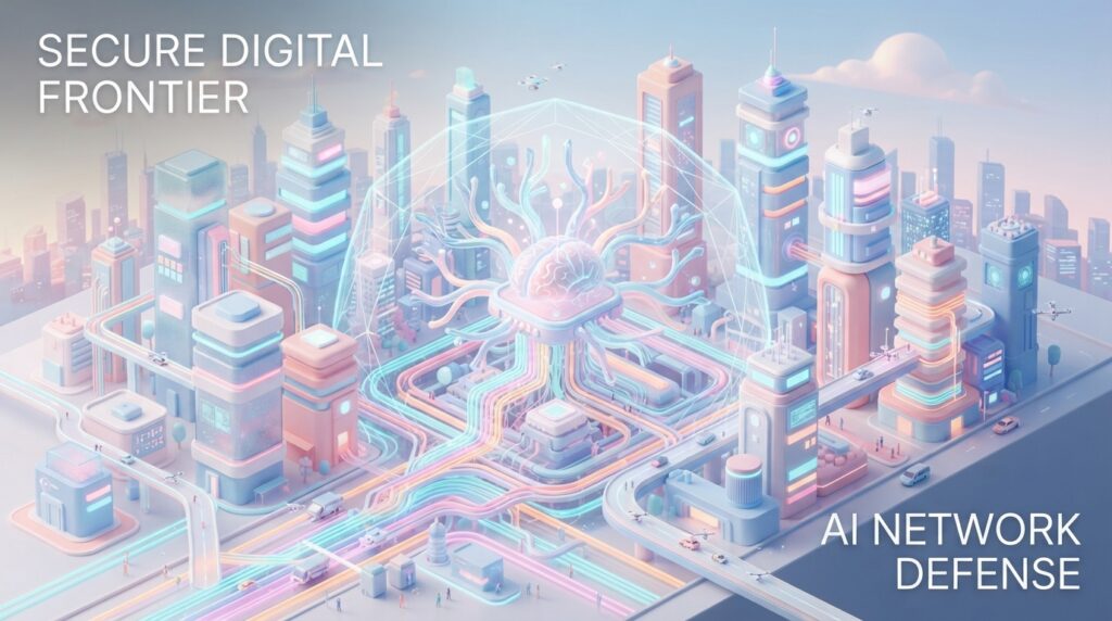 futuristic digital cityscape with glowing lines representing data flow and cybersecurity, a central abstract AI brain protecting the network, bright and clean, 8k