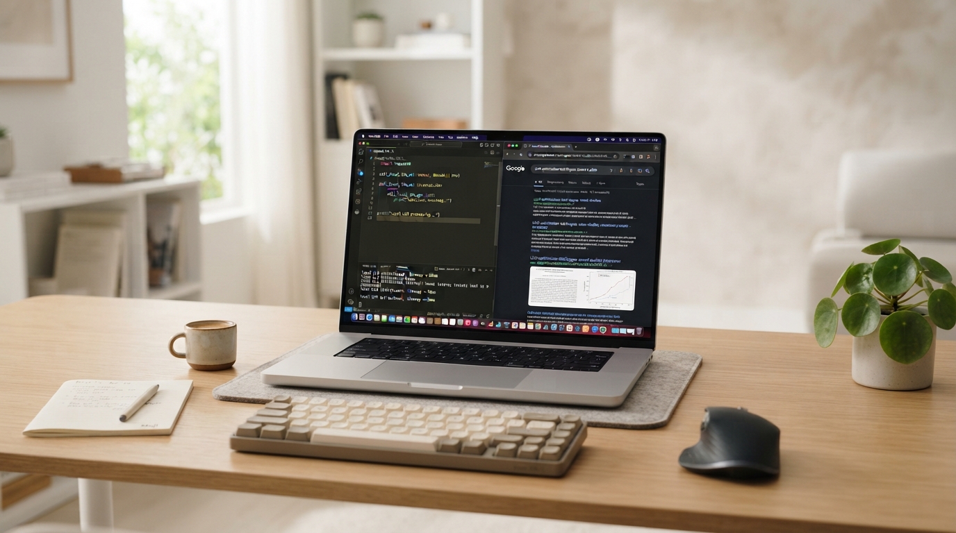 A brightly lit, modern desk setup with a sleek laptop displaying code and a web browser, representing a local LLM utilizing a web search API. The room is minimalist with natural light, showcasing efficient and powerful on-device AI. Focus on clean lines and a sense of innovation.