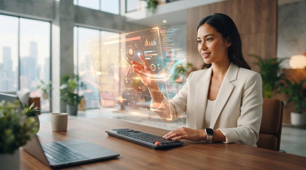 futuristic user interface dynamically generating in real-time on a translucent screen, a hand interacting with digital elements seamlessly, bright and clean design, modern workspace, 8k, cinematic lighting