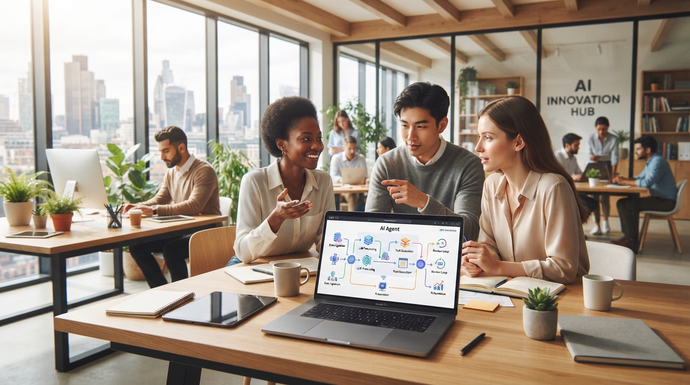 bright, modern office workspace with diverse professionals collaborating, a sleek laptop displaying an AI agent workflow diagram, natural light streaming through large windows, a sense of innovation and high productivity, 8k, digital art