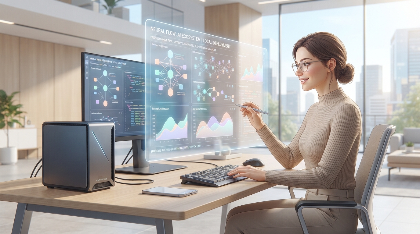 futuristic, sleek, transparent AI model interface displaying real-time data flow on a high-performance local workstation, bathed in soft, natural light, a developer is interacting with the system, clean architectural background, 8k, highly detailed, technology innovation