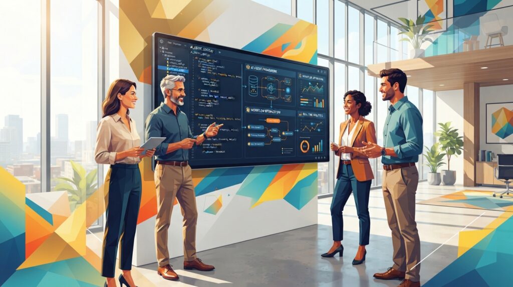 Bright, modern office setting with a diverse team collaborating on a sleek, large display showing complex code and AI agent workflow diagrams, natural light streaming through large windows, minimalist design, focus on innovation and teamwork, 8k