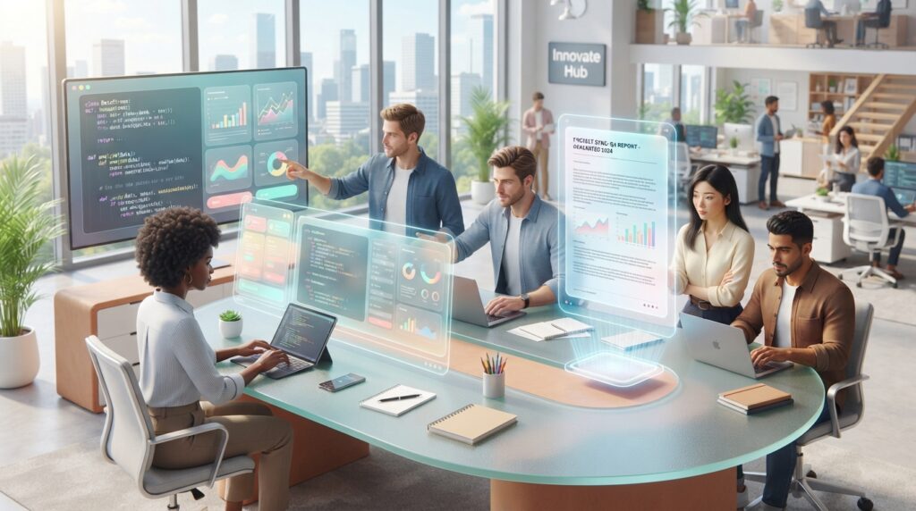 futuristic digital interface showcasing complex code and data visualizations, a sleek holographic projection of a document being generated, a diverse team of developers collaborating in a bright, modern tech office, 8k, high detail, natural light