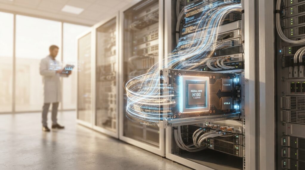 A brightly lit, modern server room with sleek, glowing AI chips and abstract data streams flowing, representing high-performance and cost-efficient AI models. Focus on advanced technology and efficiency, with a clean, futuristic aesthetic, 8k.