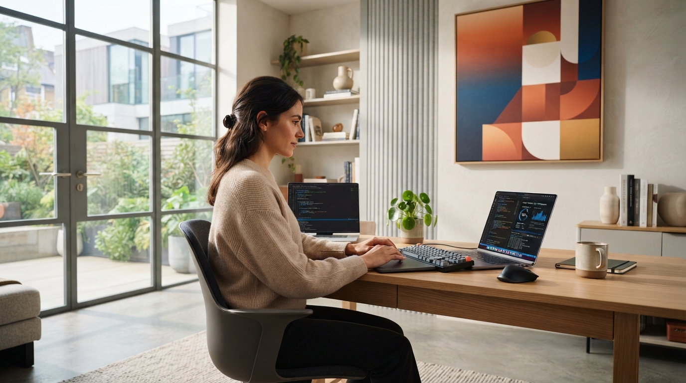 modern minimalist home office with a sleek laptop running complex AI code, natural light streaming through a large window, a user focused on the screen, reflecting advanced on-device AI capabilities, clean and sophisticated aesthetic, 8k photography