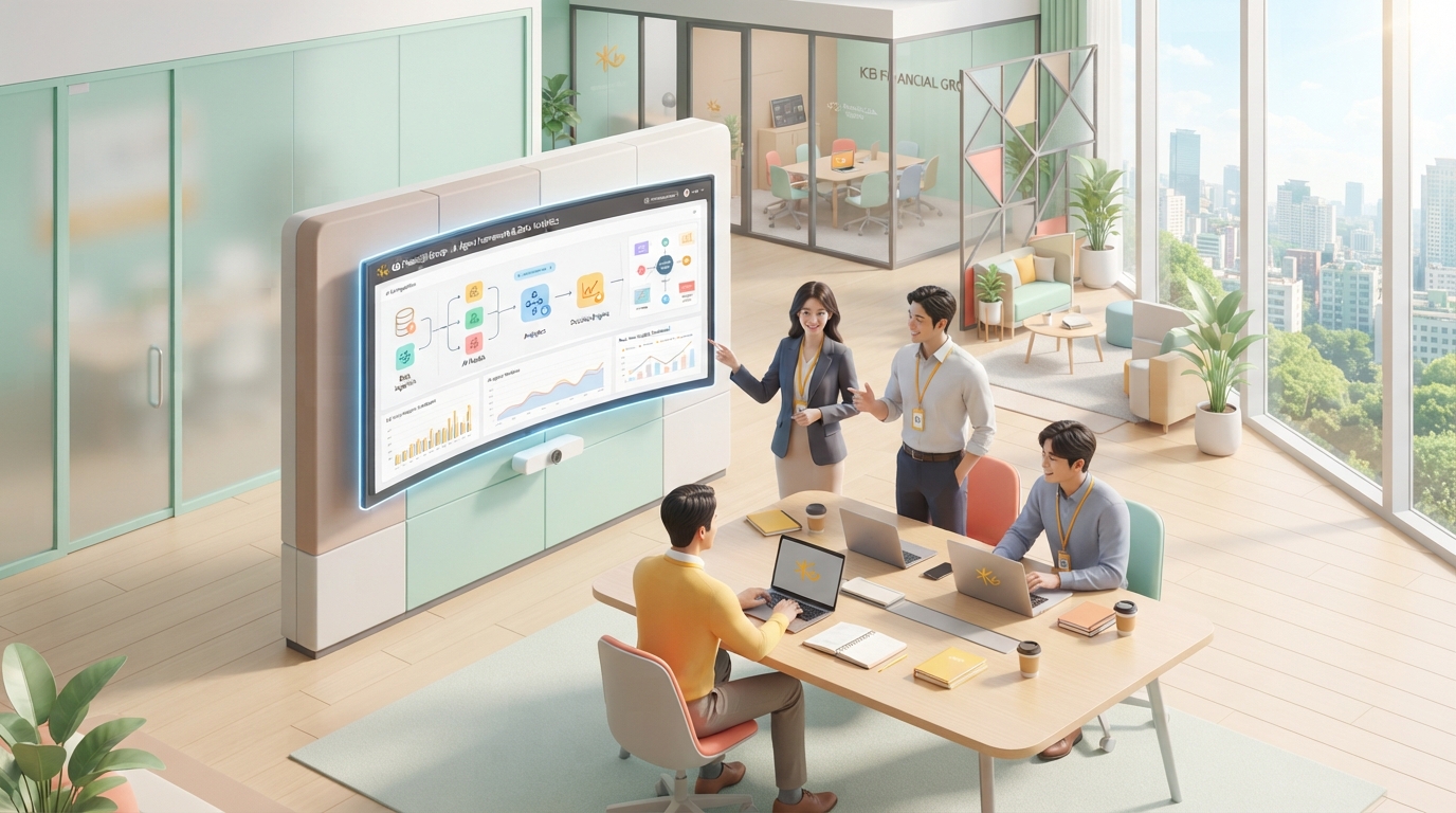 bright minimal modern workspace with KB Financial Group employees collaborating around a large screen displaying AI agent workflow diagrams and data analytics, natural sunlit room, clean architectural design, professional yet innovative atmosphere, 8k