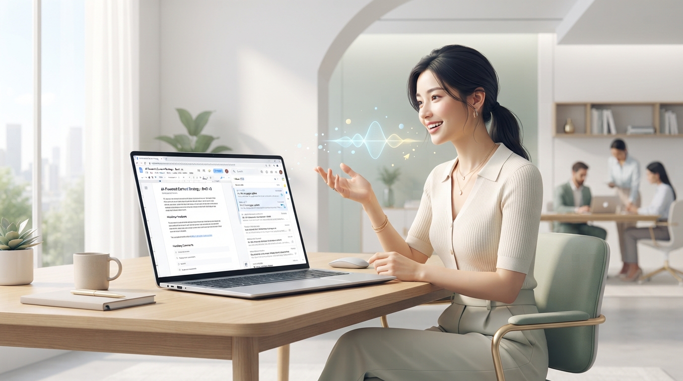 bright minimal modern workspace with a person speaking naturally to an ultra-sleek laptop, screen showing Google Docs and Gmail interfaces, subtle AI glowing elements around the user's mouth, natural sunlit room, clean architectural design, 8k