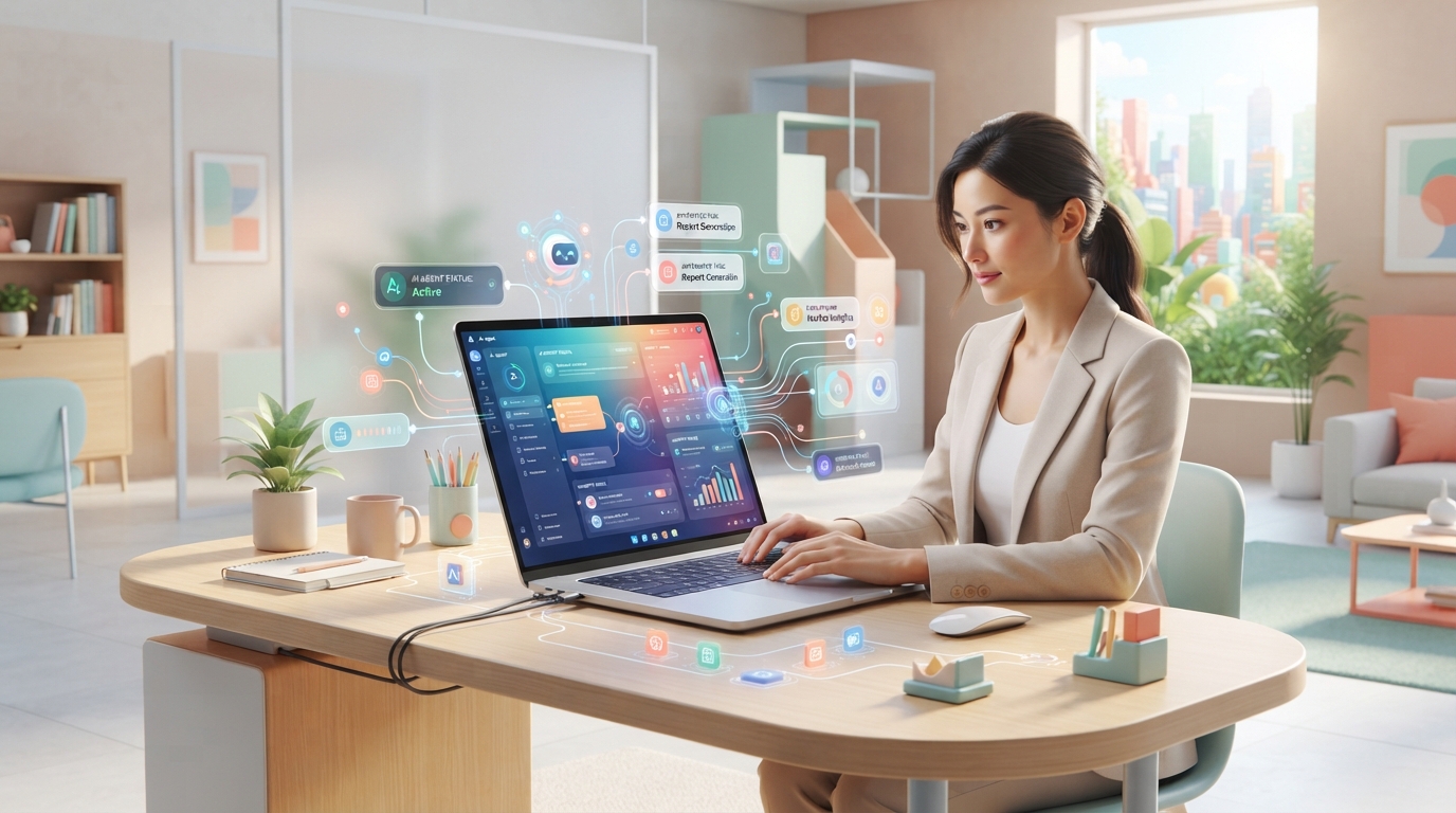 bright minimal modern workspace with a professional interacting with an AI agent interface on an ultra-sleek laptop, natural sunlit room, clean architectural design, 8k, showing data flow and automated tasks on screen