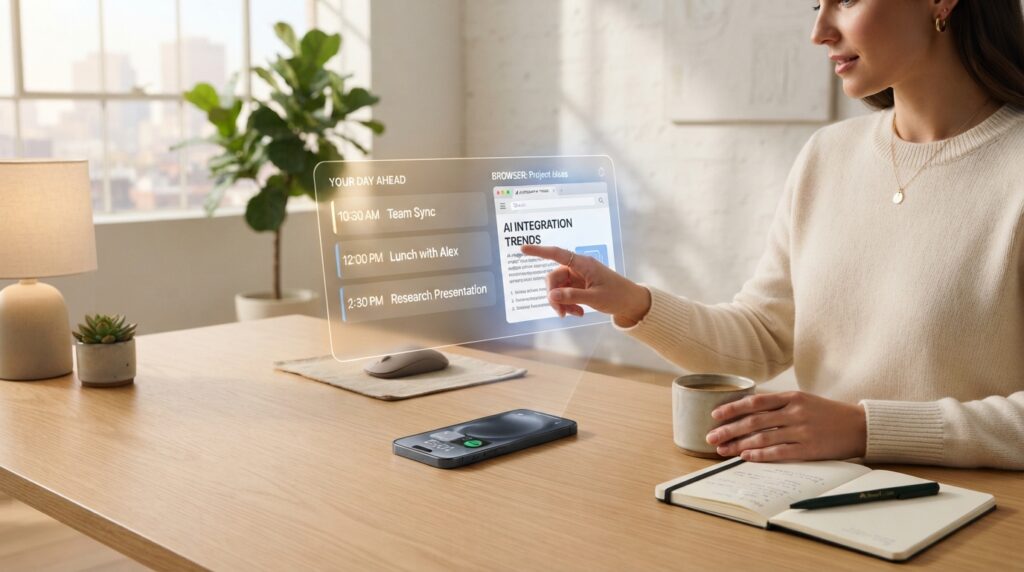 bright, modern, minimal workspace with a sleek, transparent AI assistant interface projected from a smartphone, interacting with digital tasks like scheduling and web browsing, soft natural light, clean architectural background, 8k