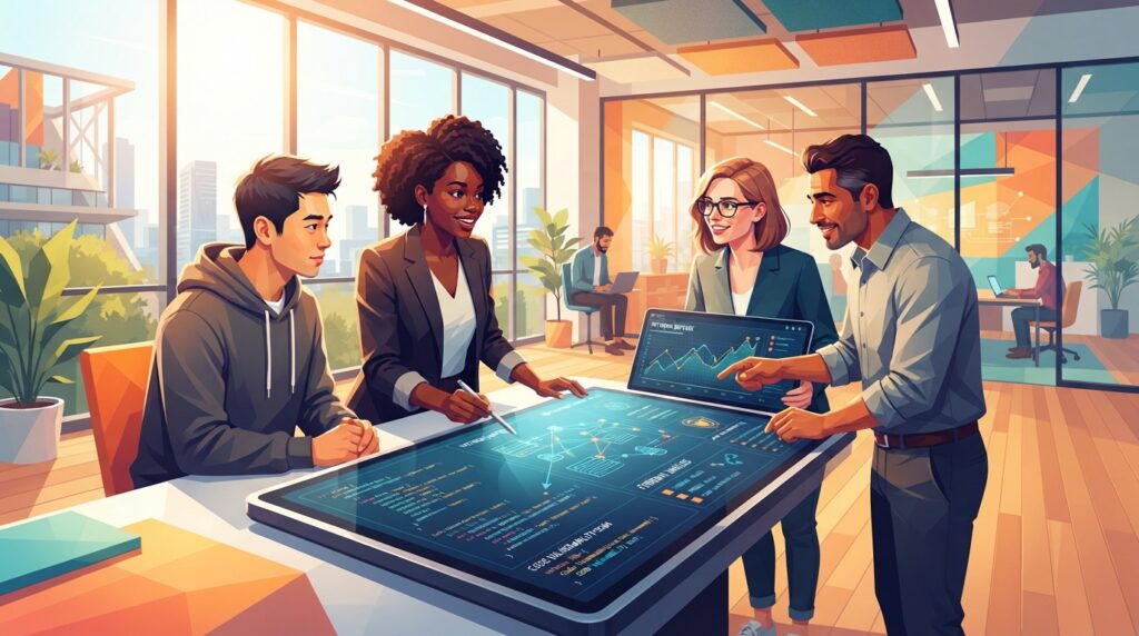 bright, clean, modern office environment with a diverse team of developers and cybersecurity analysts collaborating around a sleek, interactive display showing complex code and network diagrams, natural sunlight streaming through large windows, focused and engaged expressions, 8k