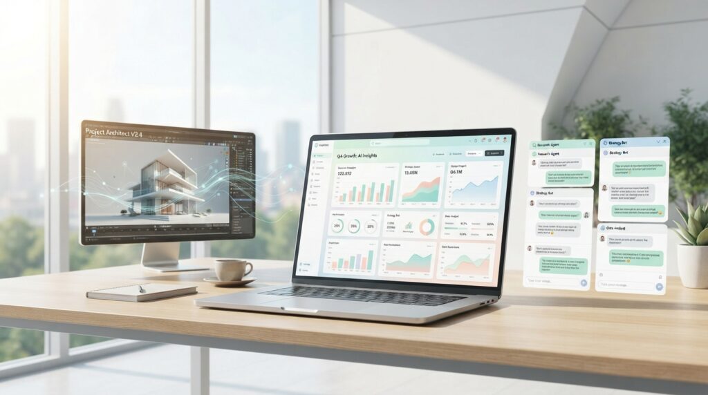 bright minimal modern workspace with a sleek laptop displaying complex business dashboards, multiple AI agent chat windows open, a 3D rendering software interface being manipulated by an invisible force, natural sunlight streaming in, clean architectural design, 8k, focus on technology and innovation