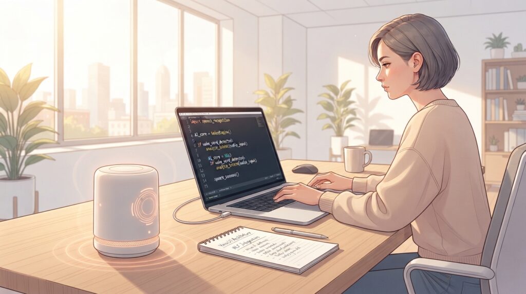 A bright, modern workspace with a developer intently coding on an ultra-sleek laptop, displaying lines of code related to voice AI. In the foreground, a minimalist, futuristic smart speaker or earbud subtly glows, suggesting real-time voice interaction. Natural sunlight streams through a large window, highlighting clean architectural lines and a focused, innovative atmosphere. 8k, high detail, warm tones.